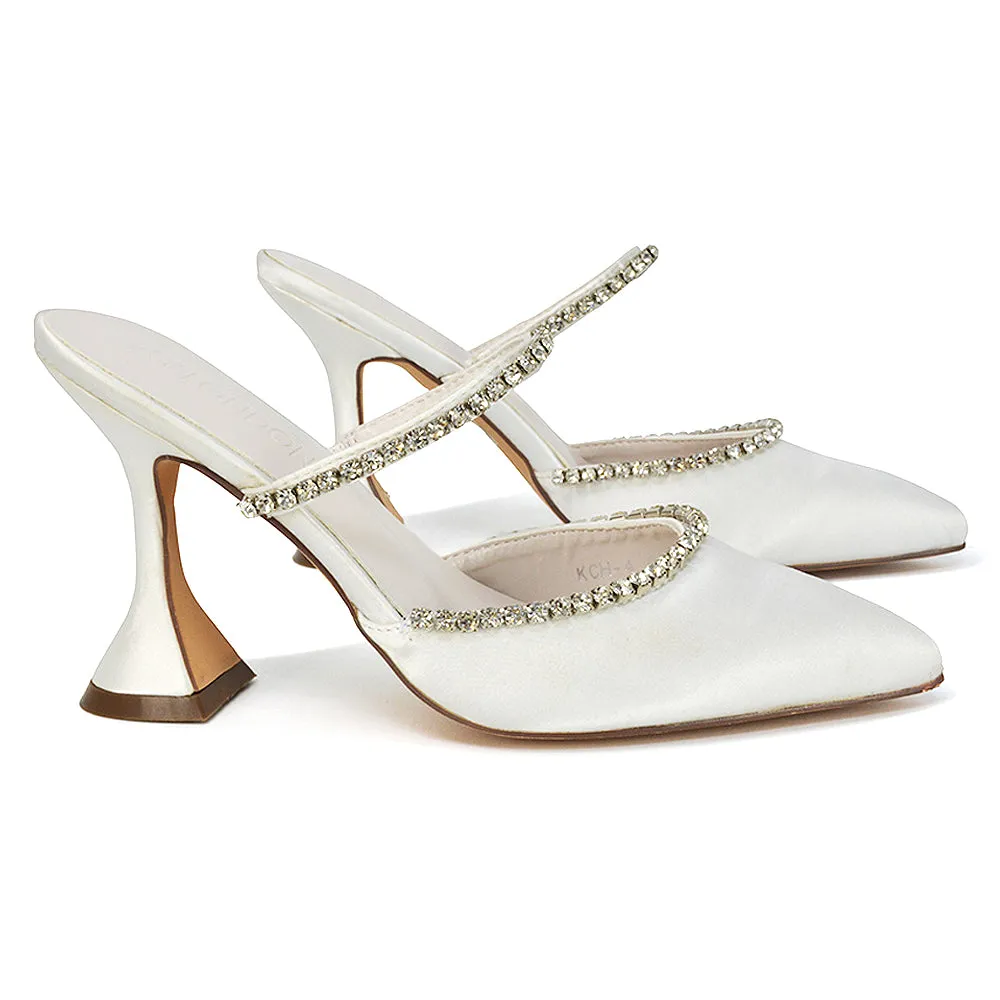 Deena Pointed Toe Diamante Flared High Heel Court Shoe Mule in Ivory Satin