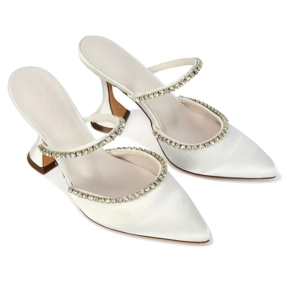 Deena Pointed Toe Diamante Flared High Heel Court Shoe Mule in Ivory Satin