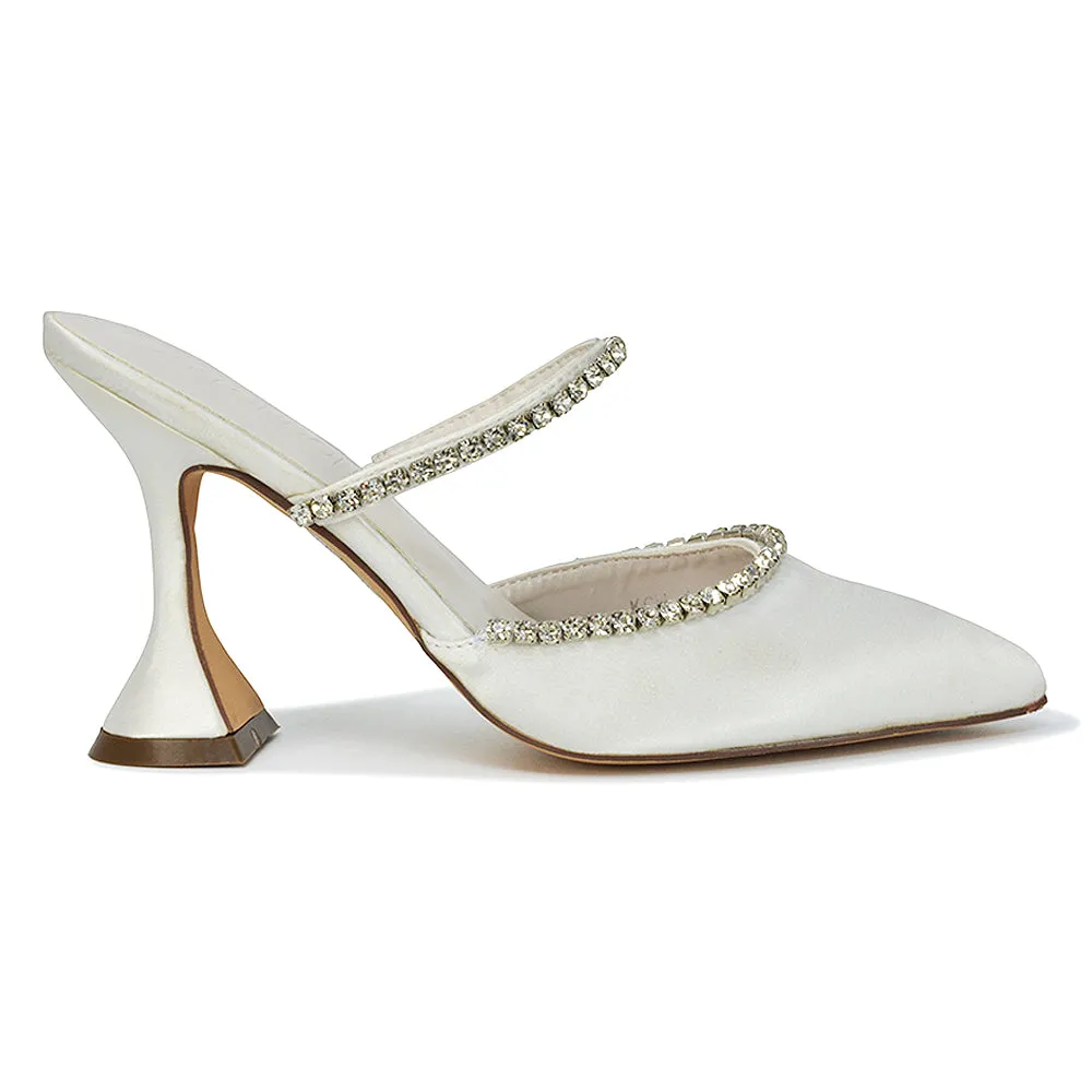 Deena Pointed Toe Diamante Flared High Heel Court Shoe Mule in Ivory Satin