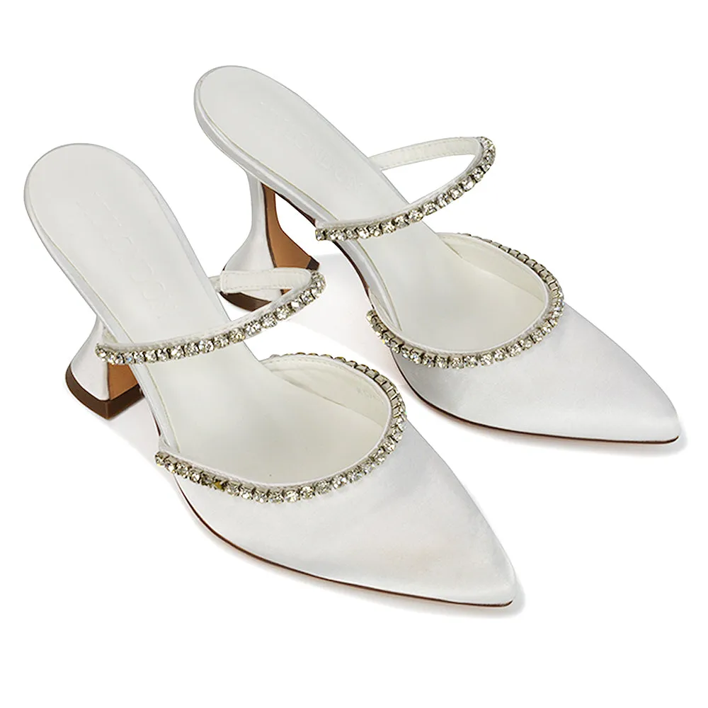 Deena Pointed Toe Diamante Flared High Heel Court Shoe Mule in Ivory Satin