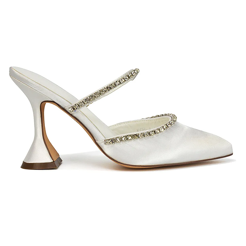 Deena Pointed Toe Diamante Flared High Heel Court Shoe Mule in Ivory Satin