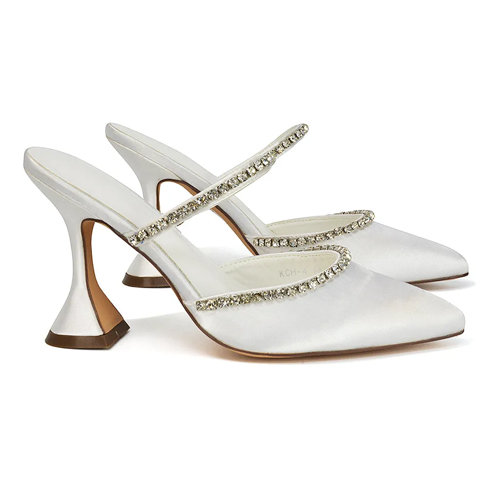 Deena Pointed Toe Diamante Flared High Heel Court Shoe Mule in Ivory Satin