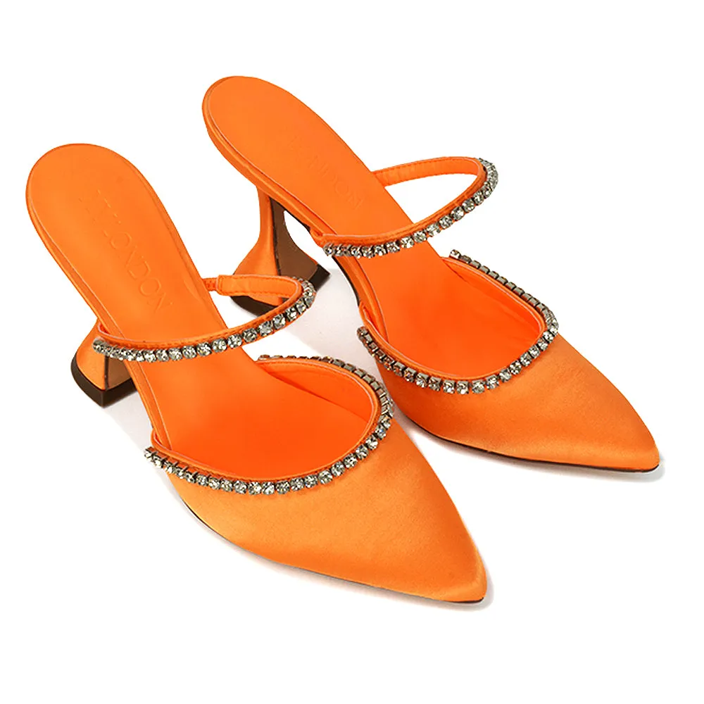 Deena Pointed Toe Diamante Flared High Heel Court Shoe Mule in Orange Satin