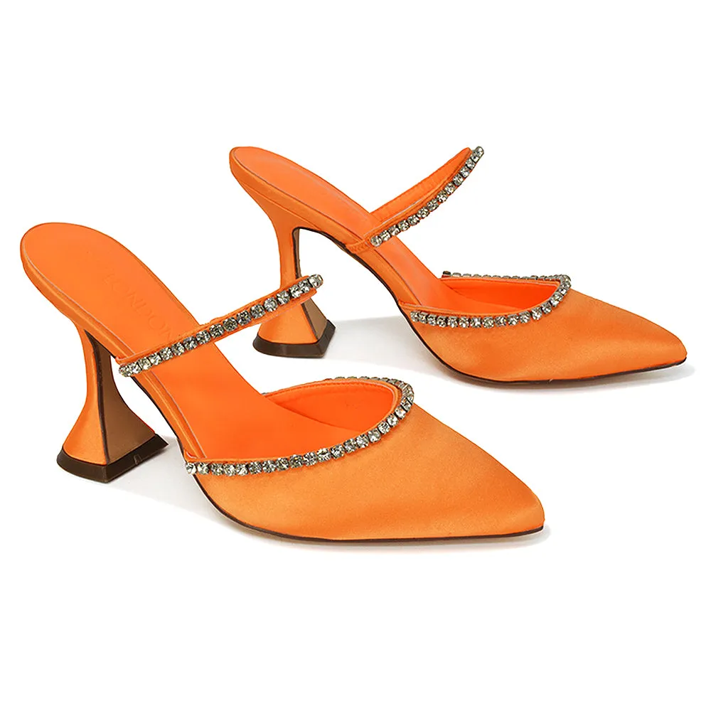 Deena Pointed Toe Diamante Flared High Heel Court Shoe Mule in Orange Satin