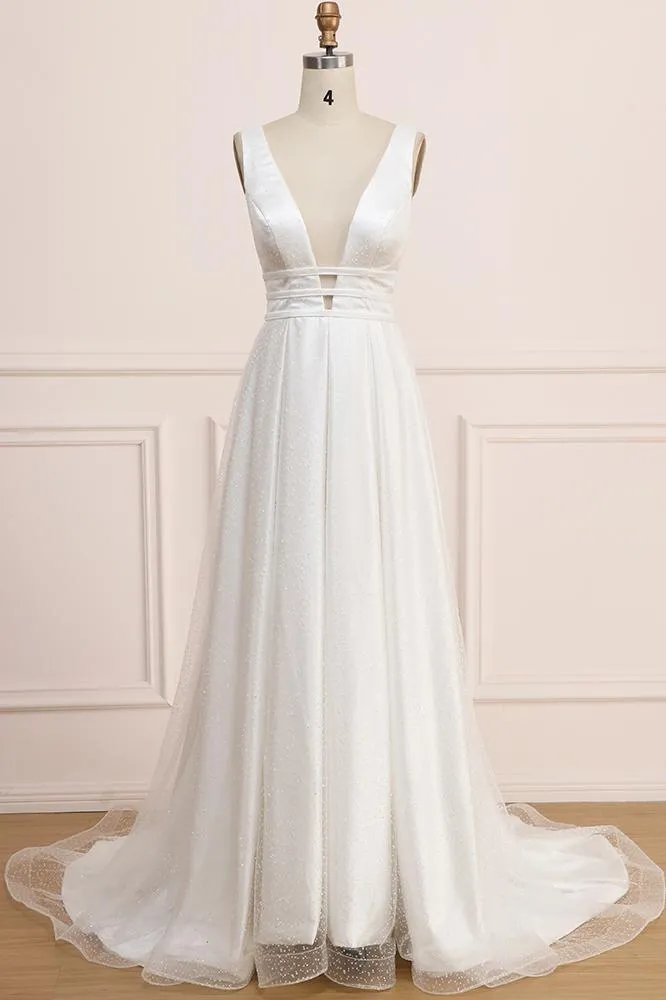 Deep V Neck Sleeveless Bridal Dress, Backless Long A Line Wedding Dresses UQ2270