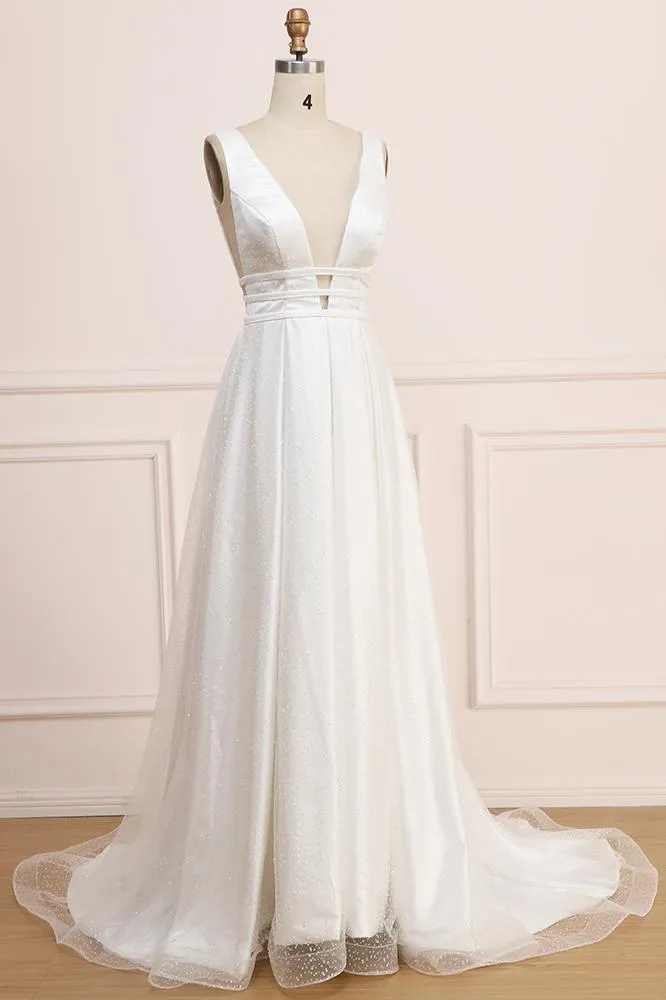 Deep V Neck Sleeveless Bridal Dress, Backless Long A Line Wedding Dresses UQ2270