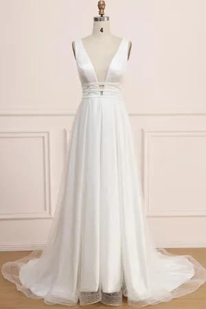 Deep V Neck Sleeveless Bridal Dress, Backless Long A Line Wedding Dresses UQ2270