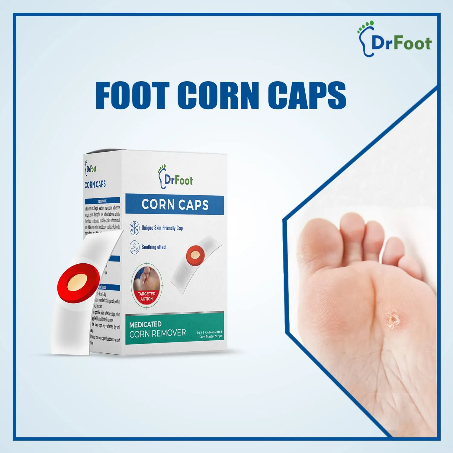 Dr foot Corn Caps 40 Strips Medicated Plaster Bandage Skin Friendly Cap |Soothing Effect, Helps for Fast, Effective and Easy to Deep Foot Corn Remover | Easy to Remove