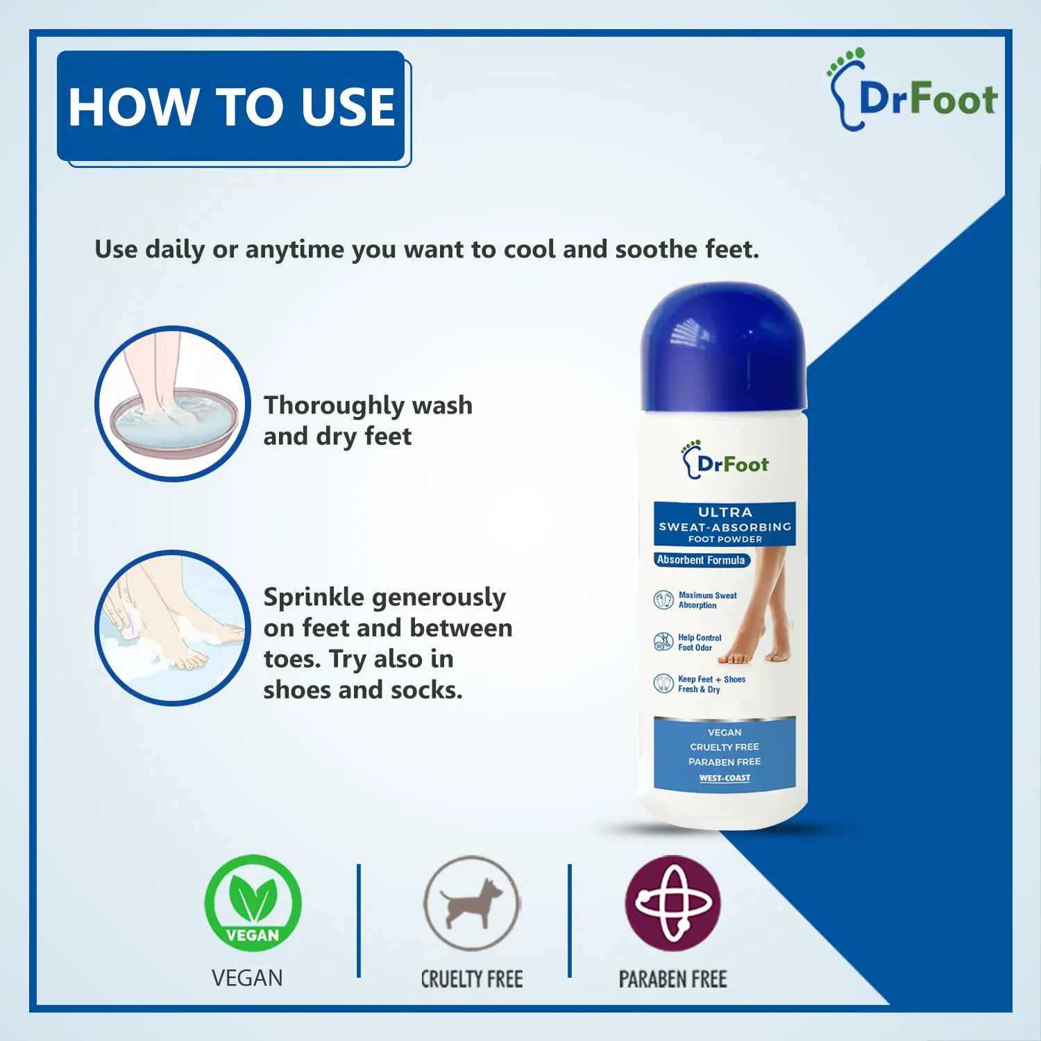 Dr Foot Ultra Sweat Absorbing Foot Powder Helps to remove Sweaty Feet with Unique Absorbent Formula with Zinc Oxide, Tricalcium Phosphate - 100 Gm