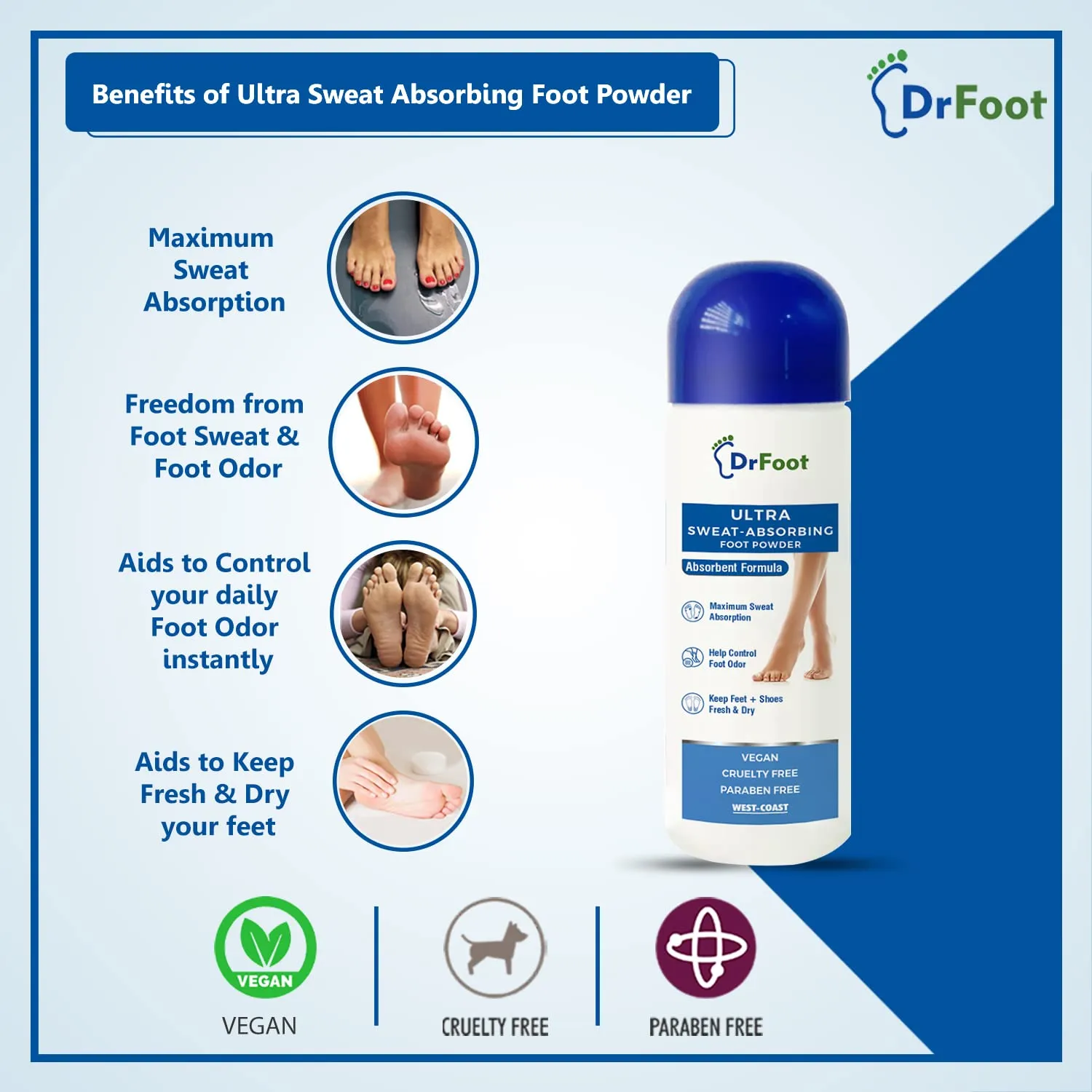 Dr Foot Ultra Sweat Absorbing Foot Powder Helps to remove Sweaty Feet with Unique Absorbent Formula with Zinc Oxide, Tricalcium Phosphate - 100 Gm