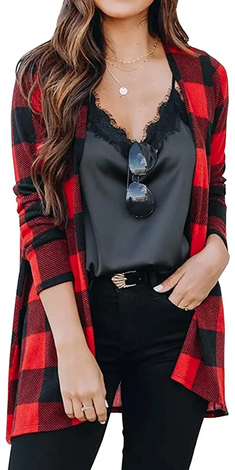 Dressmine Women's Long Sleeve Open Front Cardigan Buffalo Plaid Knitted Maxi Sweater Coat Outwear