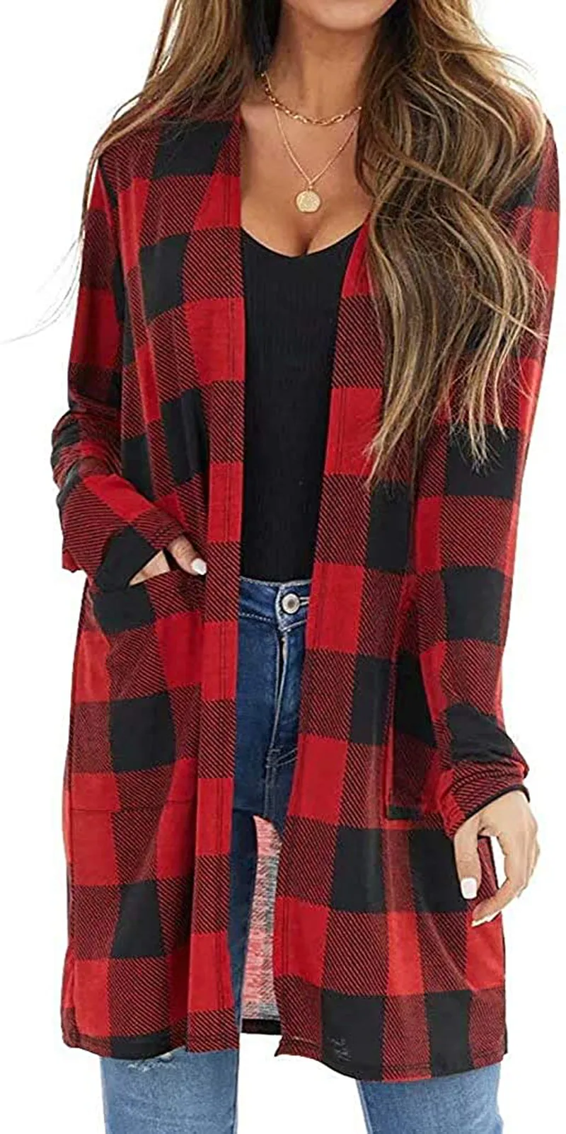 Dressmine Women's Long Sleeve Open Front Cardigan Buffalo Plaid Knitted Maxi Sweater Coat Outwear