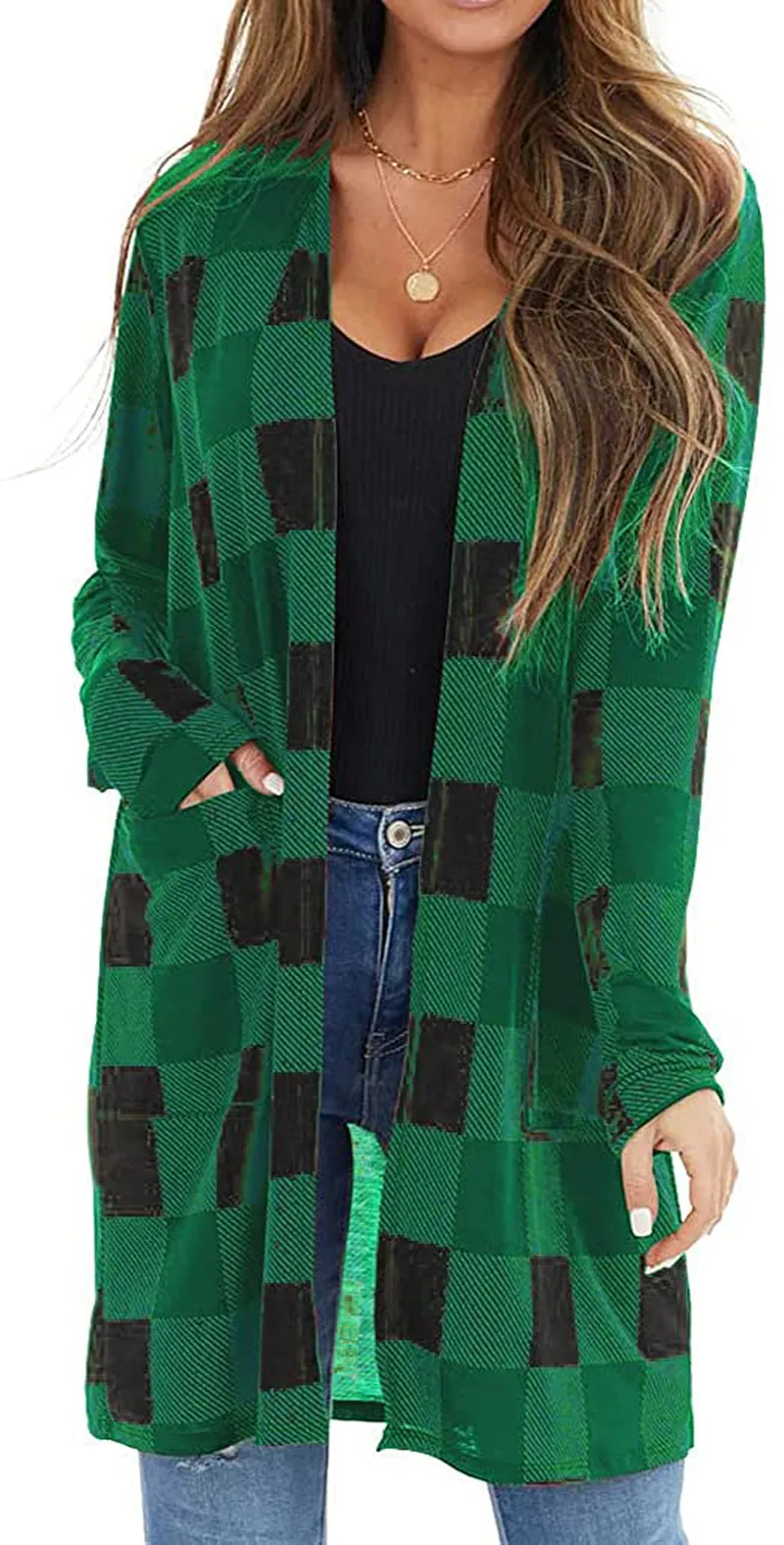 Dressmine Women's Long Sleeve Open Front Cardigan Buffalo Plaid Knitted Maxi Sweater Coat Outwear