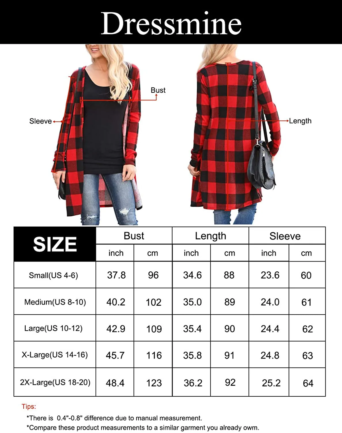 Dressmine Women's Long Sleeve Open Front Cardigan Buffalo Plaid Knitted Maxi Sweater Coat Outwear