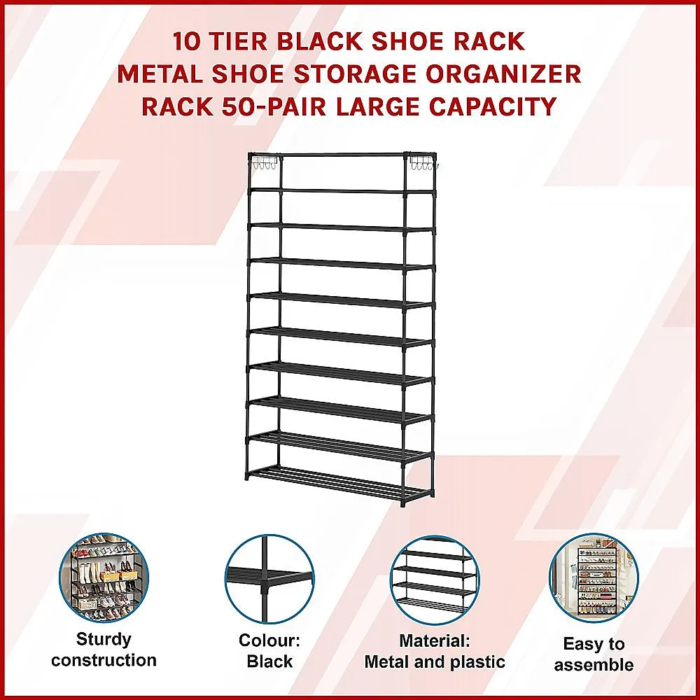 Durable 10-Tier Metal Shoe Rack, Black, 50-Pair Capacity