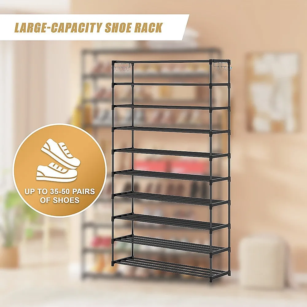 Durable 10-Tier Metal Shoe Rack, Black, 50-Pair Capacity