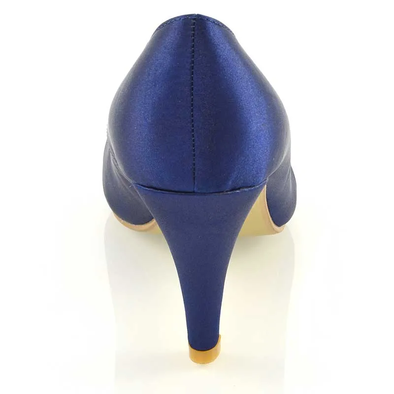 ELISABETH MID STILETTO HIGH WEDDING HEELS SLIP ON BRIDAL COURT SHOES IN NAVY SATIN