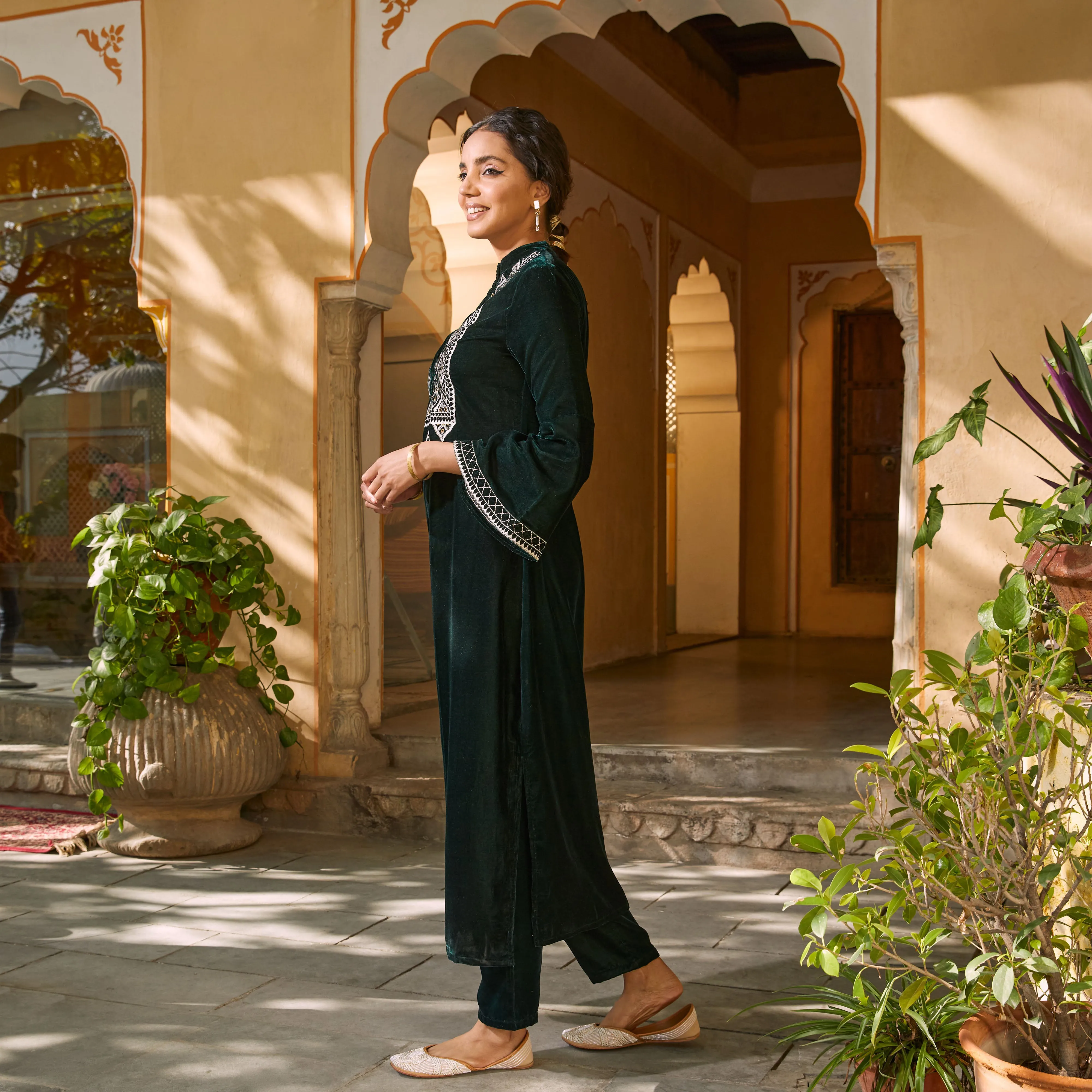 Emerald Green Embroidered Kurta with Bell Sleeves