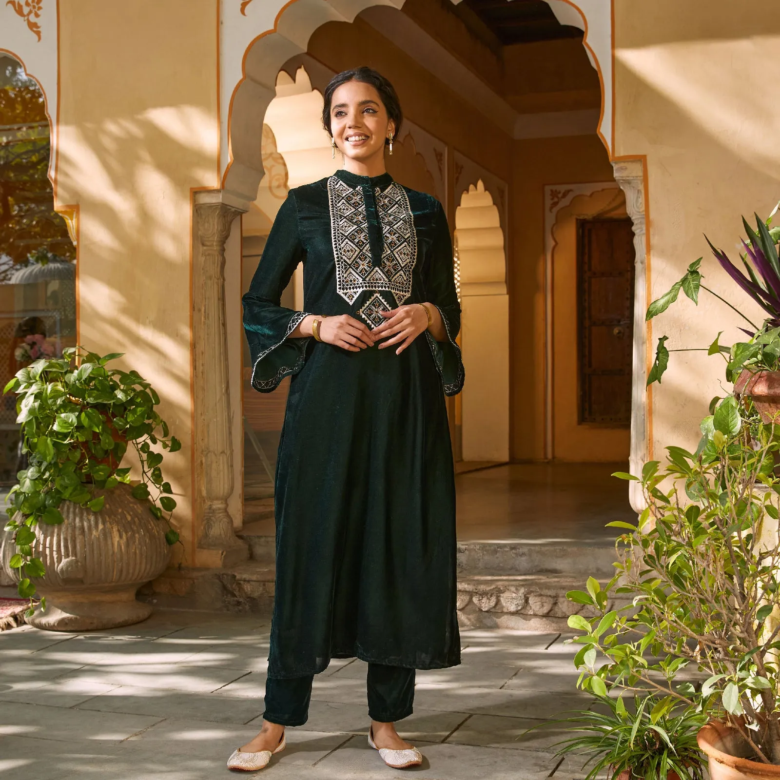 Emerald Green Embroidered Kurta with Bell Sleeves