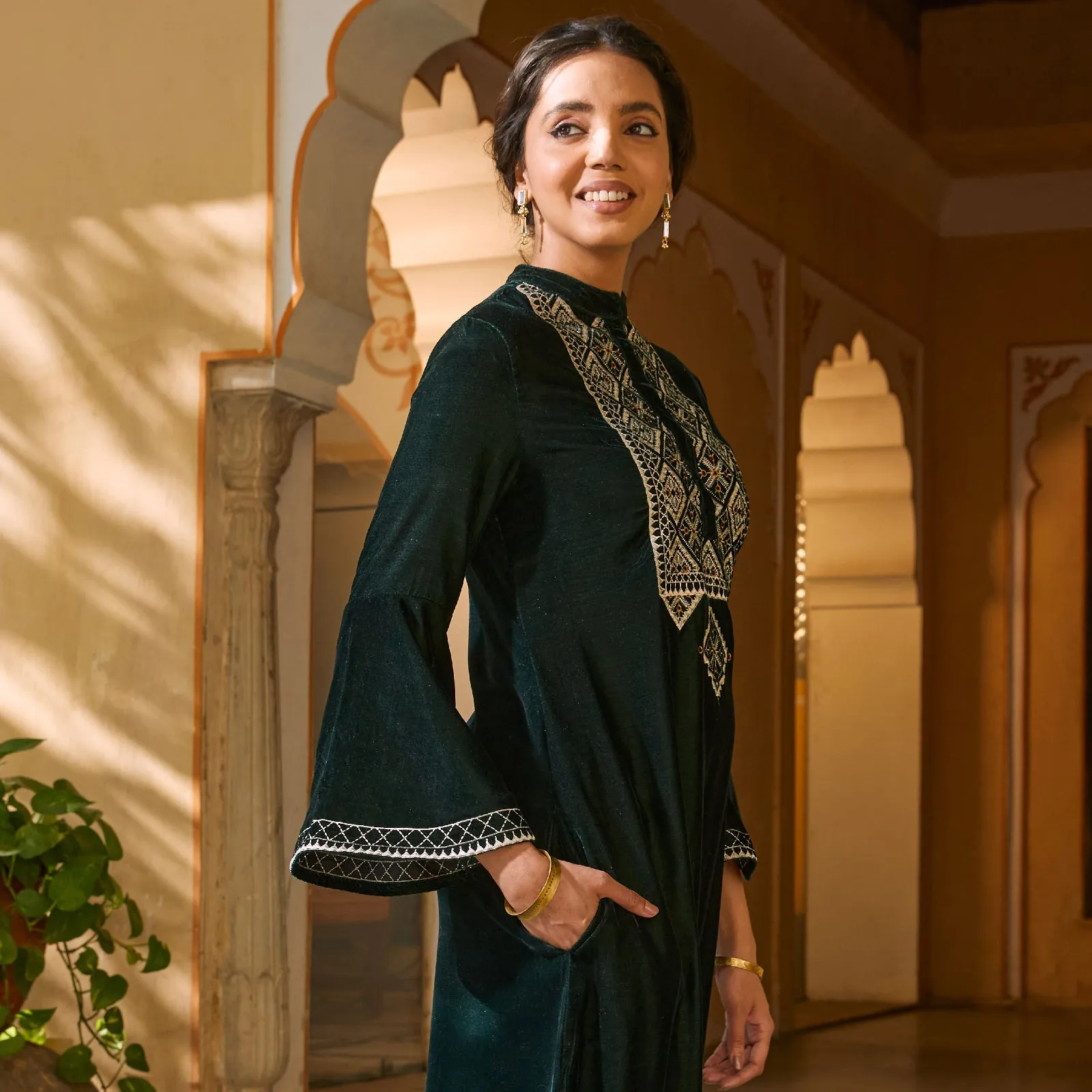 Emerald Green Embroidered Kurta with Bell Sleeves