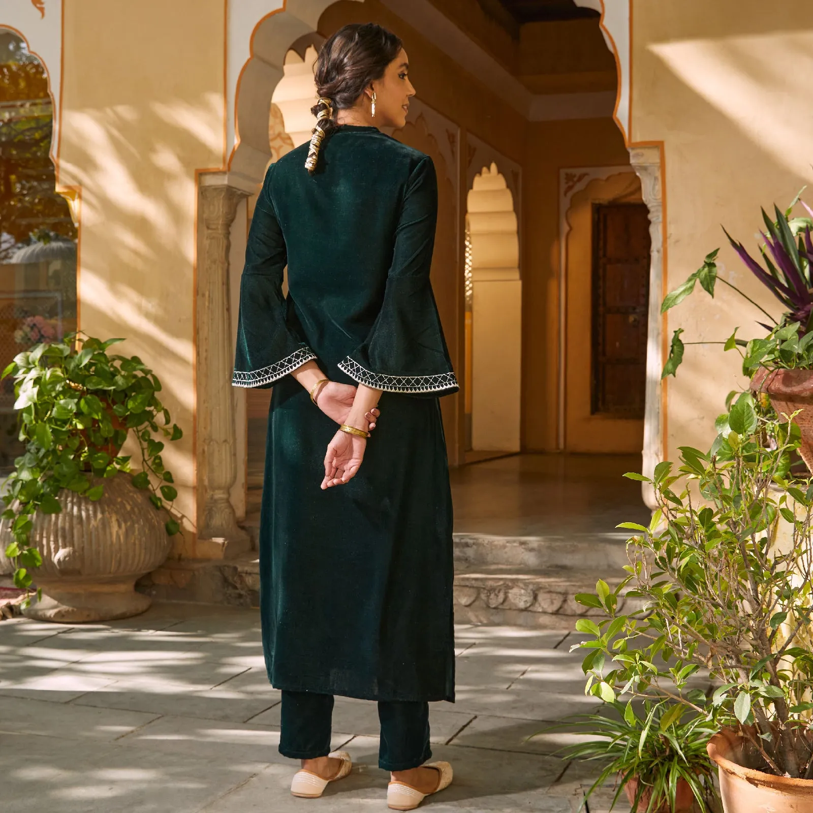 Emerald Green Embroidered Kurta with Bell Sleeves