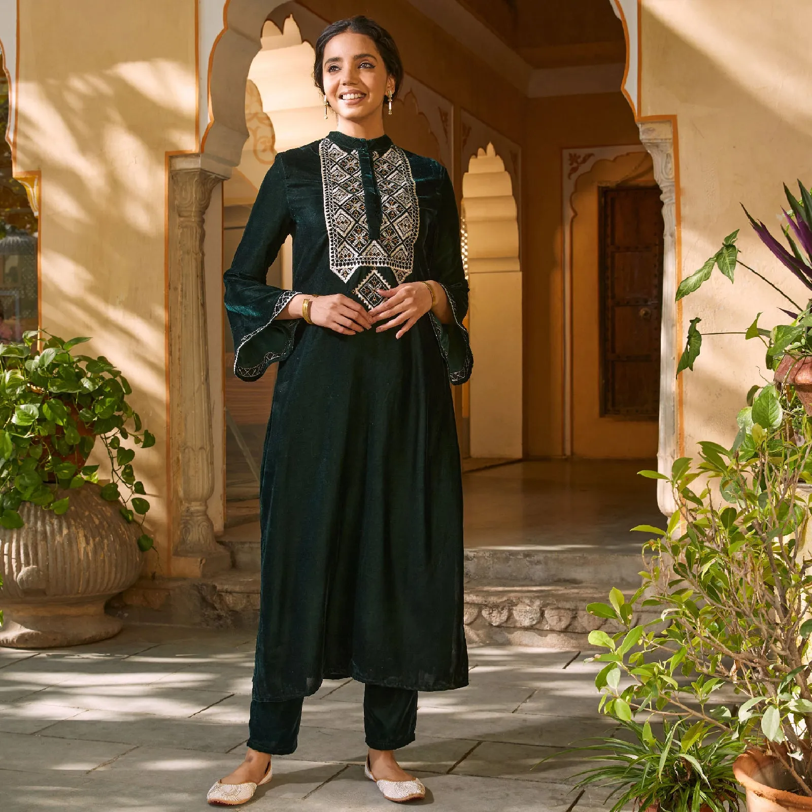 Emerald Green Embroidered Kurta with Bell Sleeves