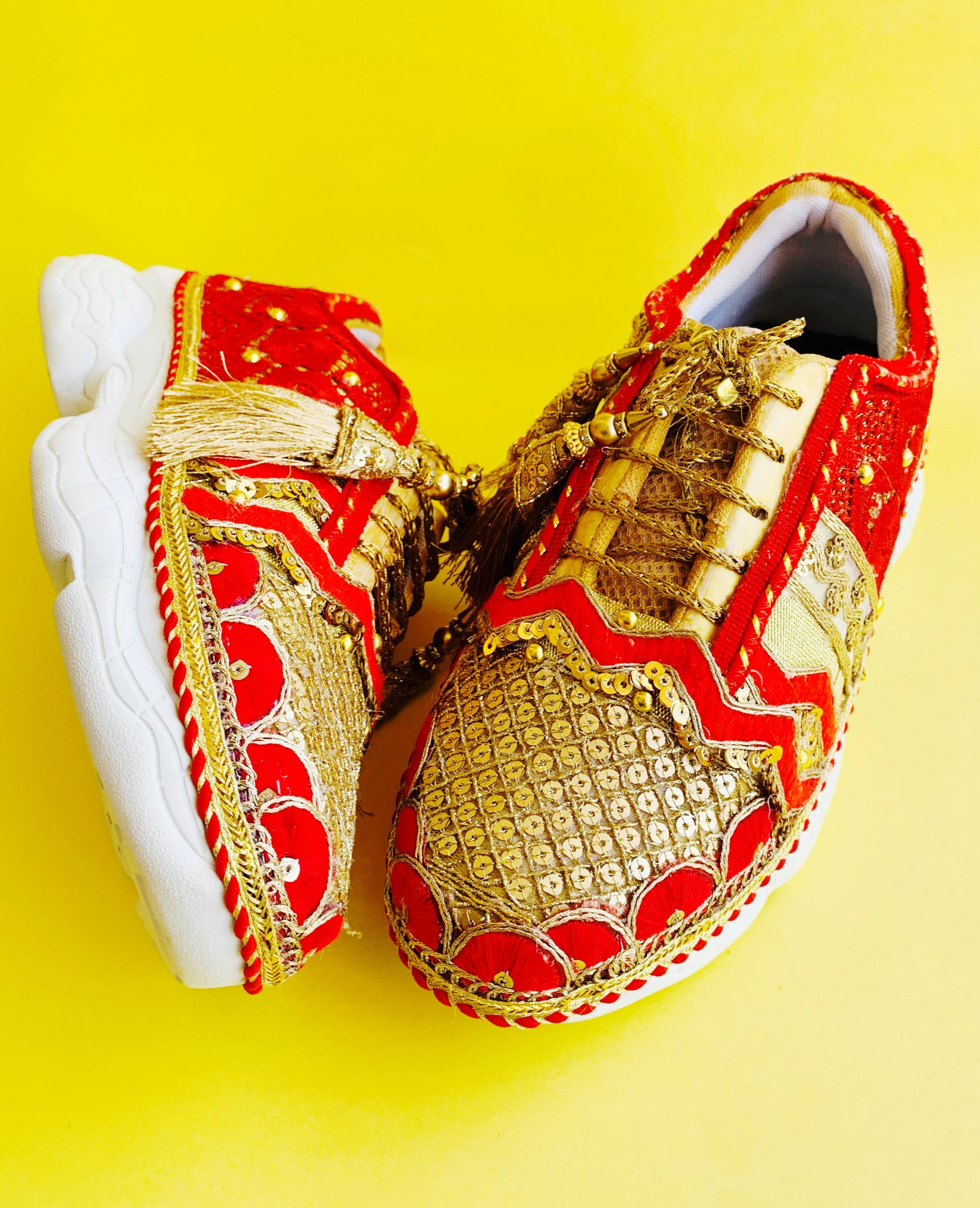 Funky N Trendy Red & Gold embroidery work bridal sneakers/ bridesmaid sneaker / golden sneakers/ Red sneakers / Red shoes