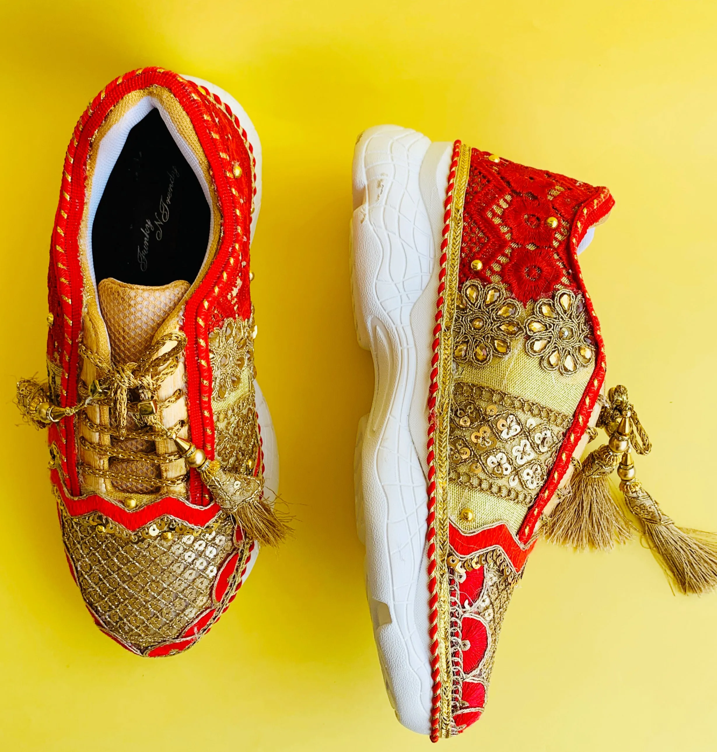 Funky N Trendy Red & Gold embroidery work bridal sneakers/ bridesmaid sneaker / golden sneakers/ Red sneakers / Red shoes