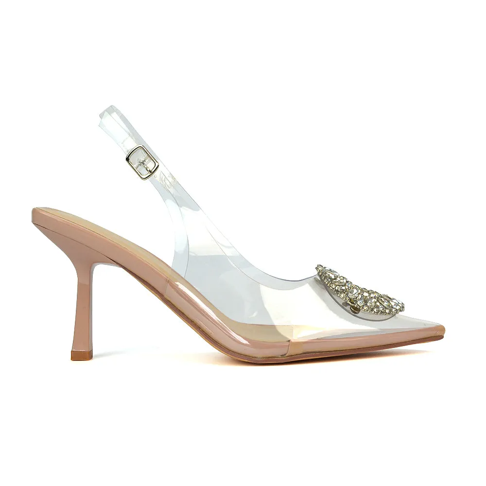 Gabbi Perspex Stiletto High Heels Pointed Toe Slingback Court Shoes in Nude