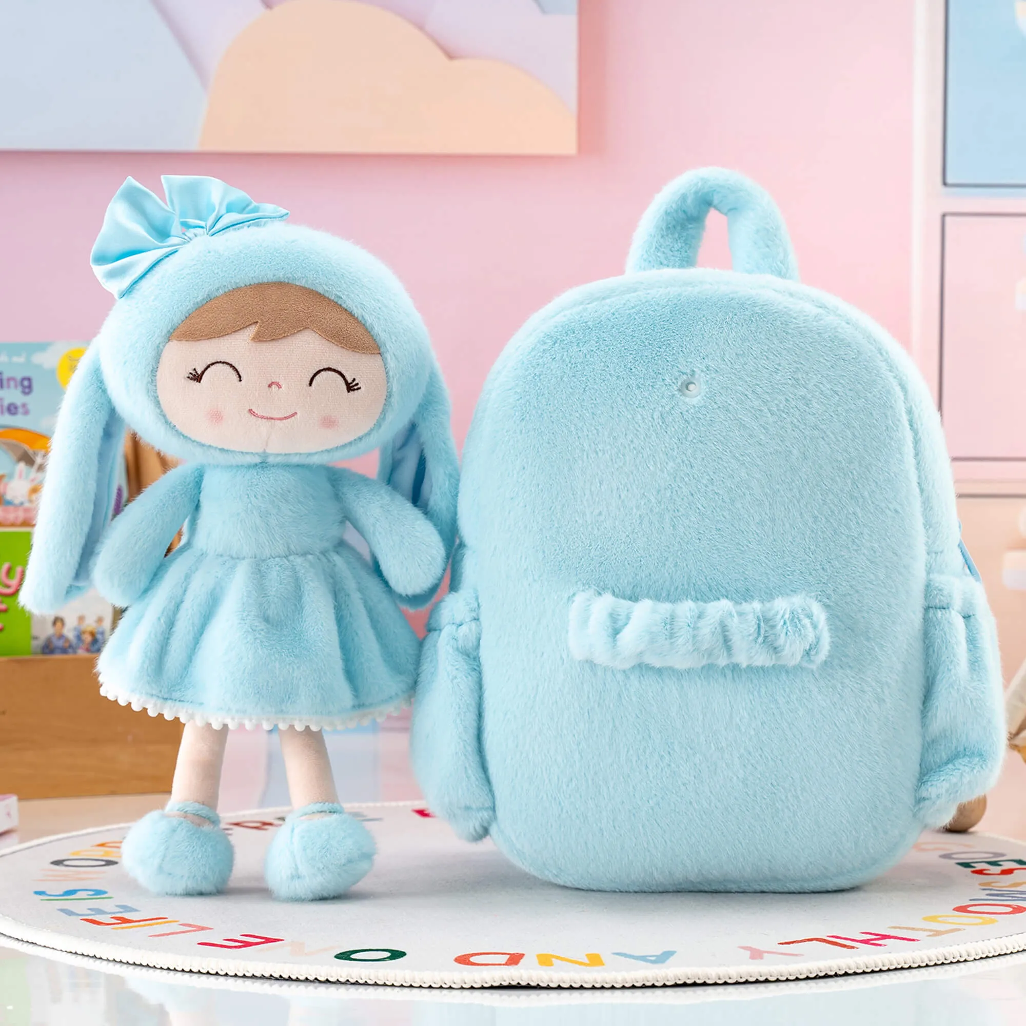 Gloveleya 11-inch Toddler Girl Backpack Snow Ferret Kindergarten Backpacks with 12-inch Blue Bunny Doll