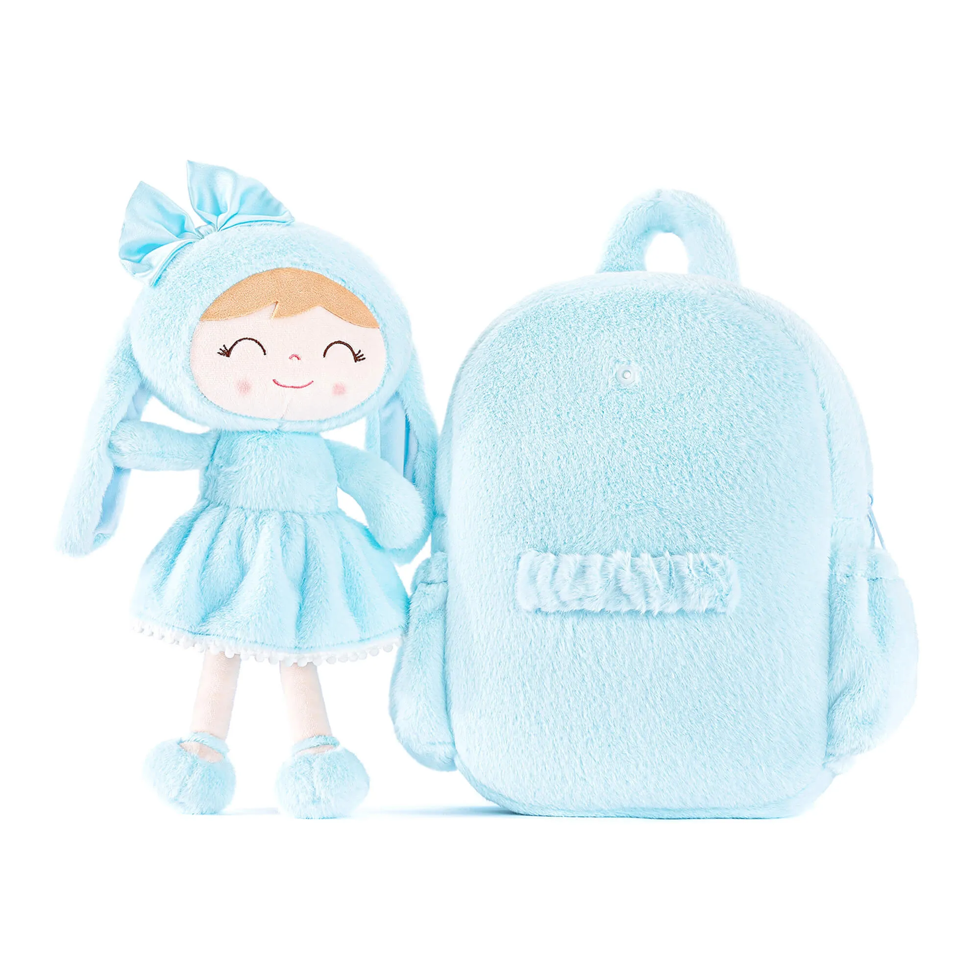 Gloveleya 11-inch Toddler Girl Backpack Snow Ferret Kindergarten Backpacks with 12-inch Blue Bunny Doll