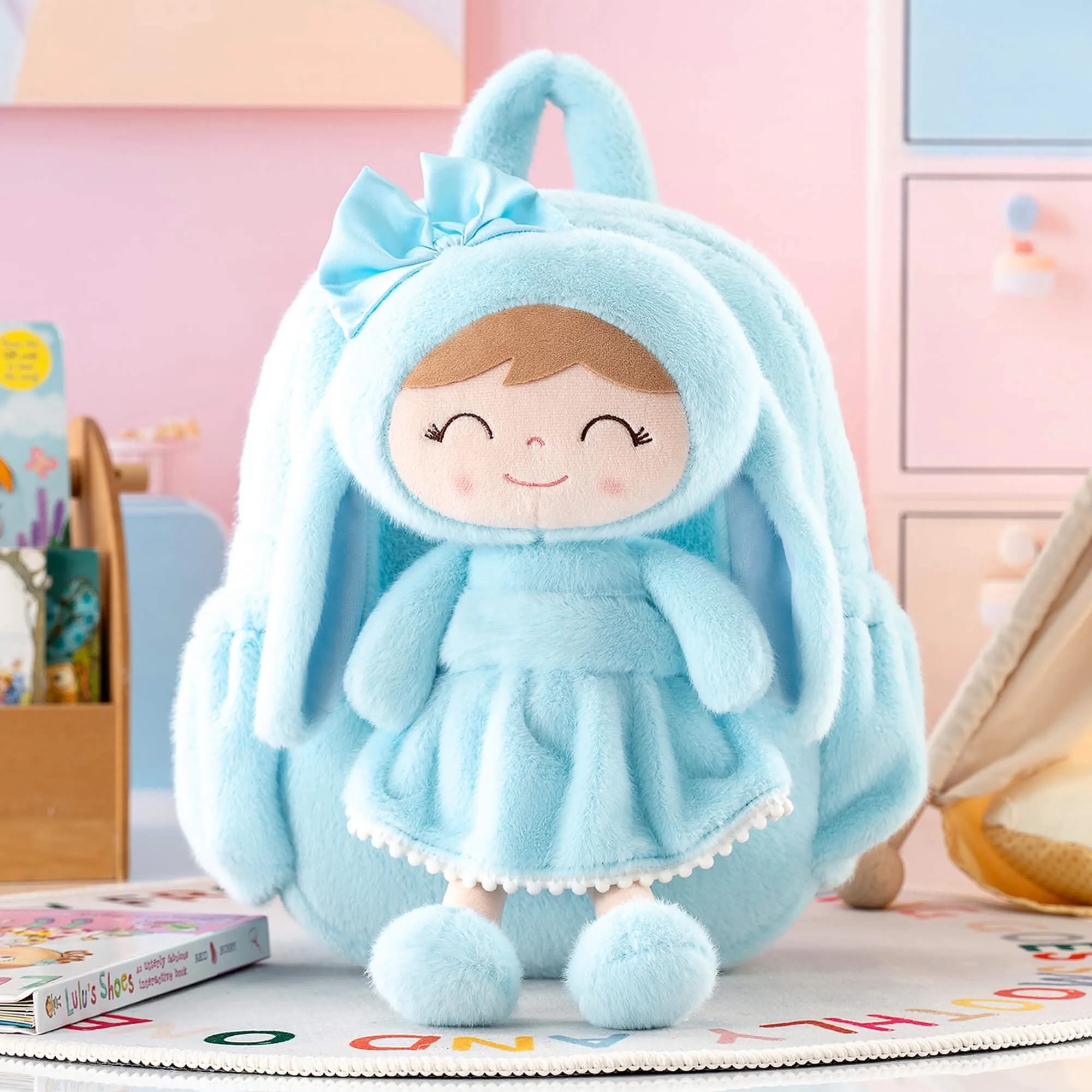 Gloveleya 11-inch Toddler Girl Backpack Snow Ferret Kindergarten Backpacks with 12-inch Blue Bunny Doll