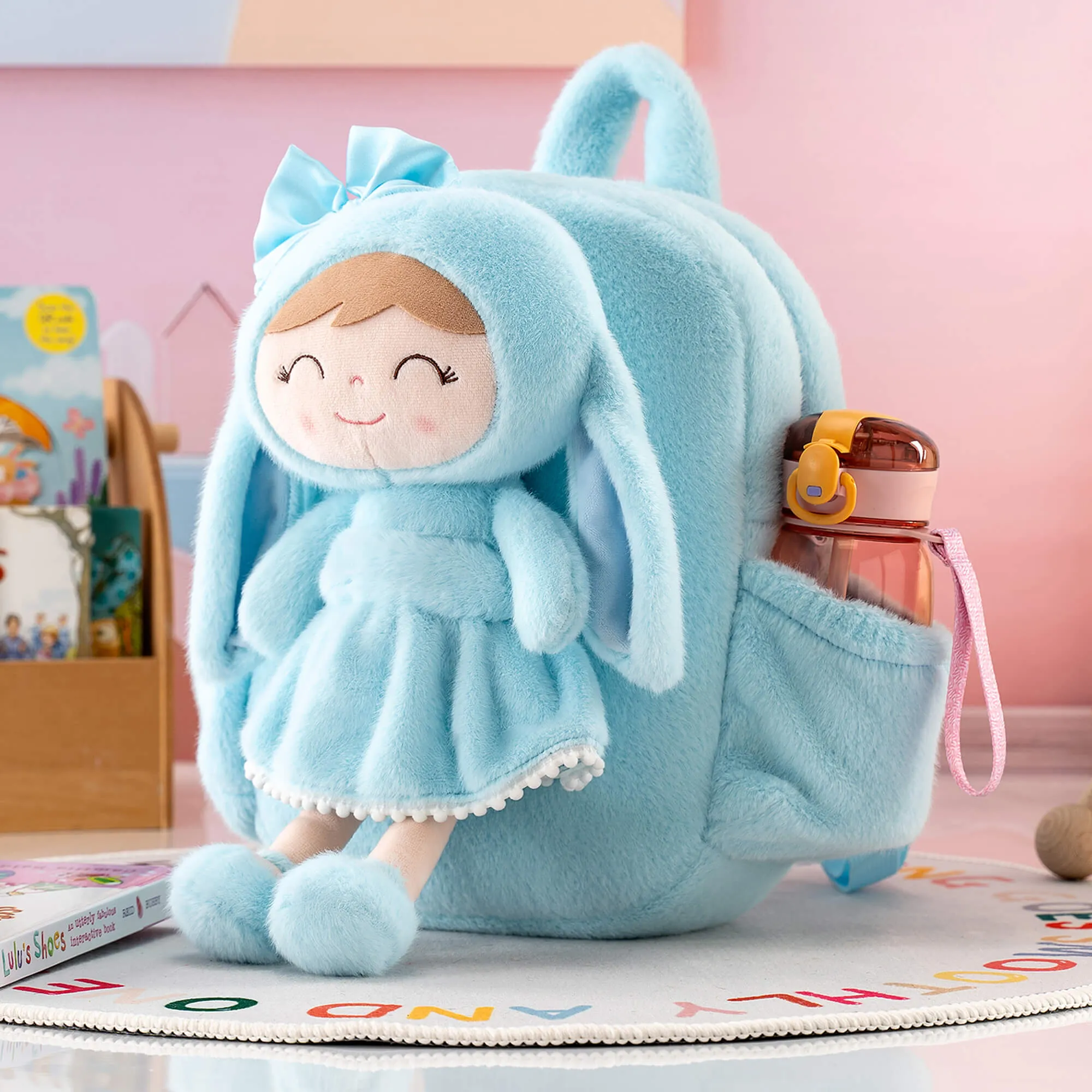 Gloveleya 11-inch Toddler Girl Backpack Snow Ferret Kindergarten Backpacks with 12-inch Blue Bunny Doll