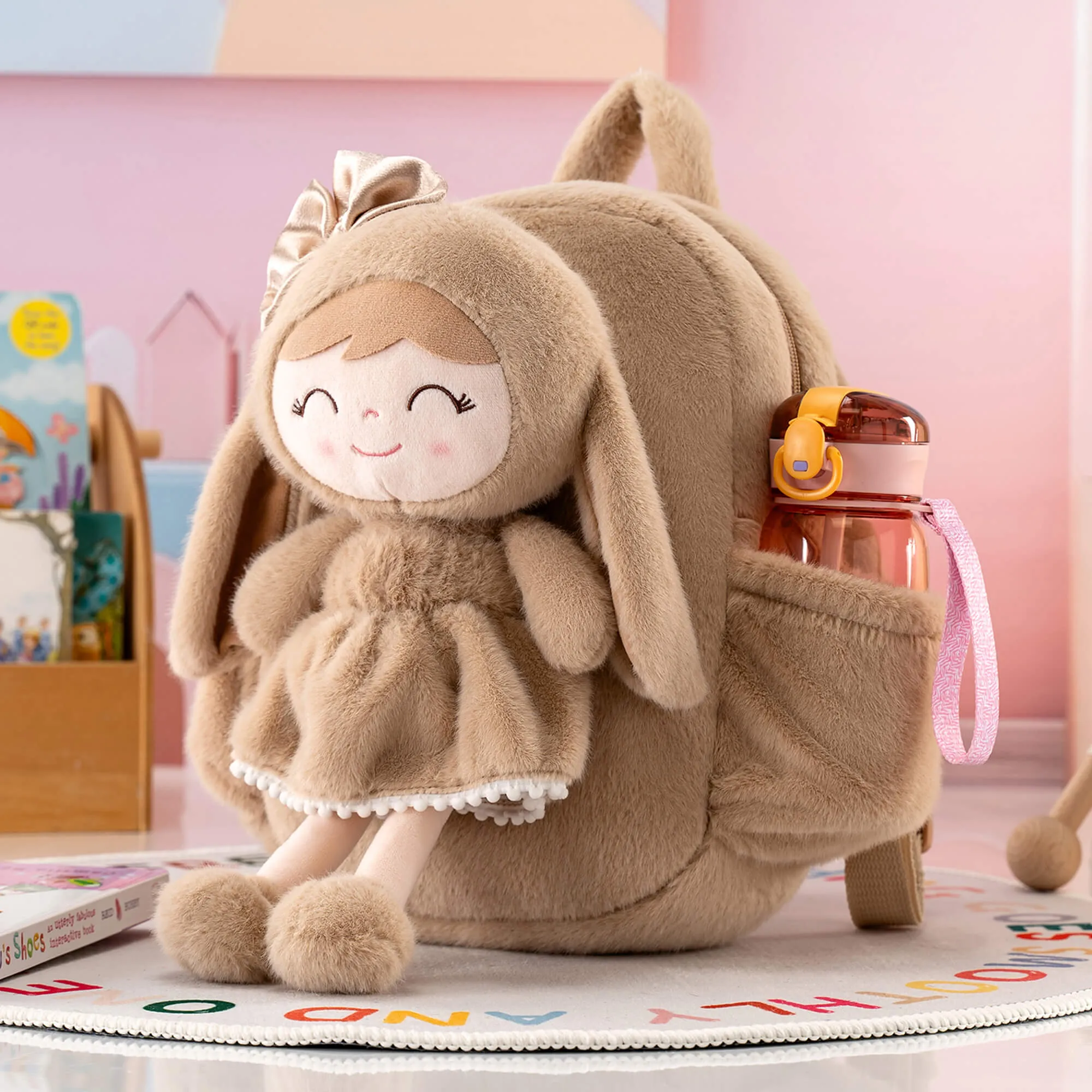 Gloveleya 11-inch Toddler Girl Backpack Snow Ferret Kindergarten Backpacks with 12-inch Brown Bunny Doll