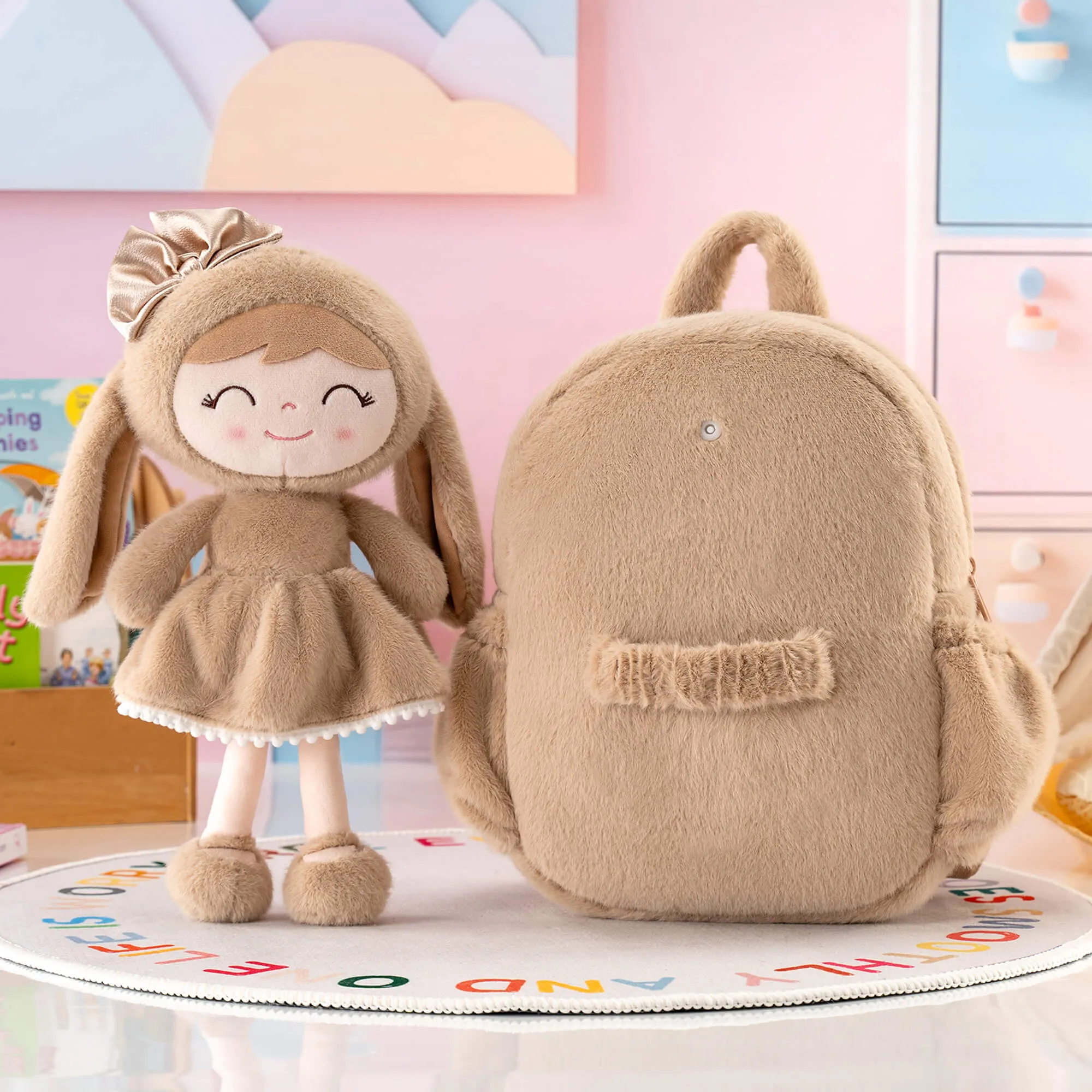 Gloveleya 11-inch Toddler Girl Backpack Snow Ferret Kindergarten Backpacks with 12-inch Brown Bunny Doll