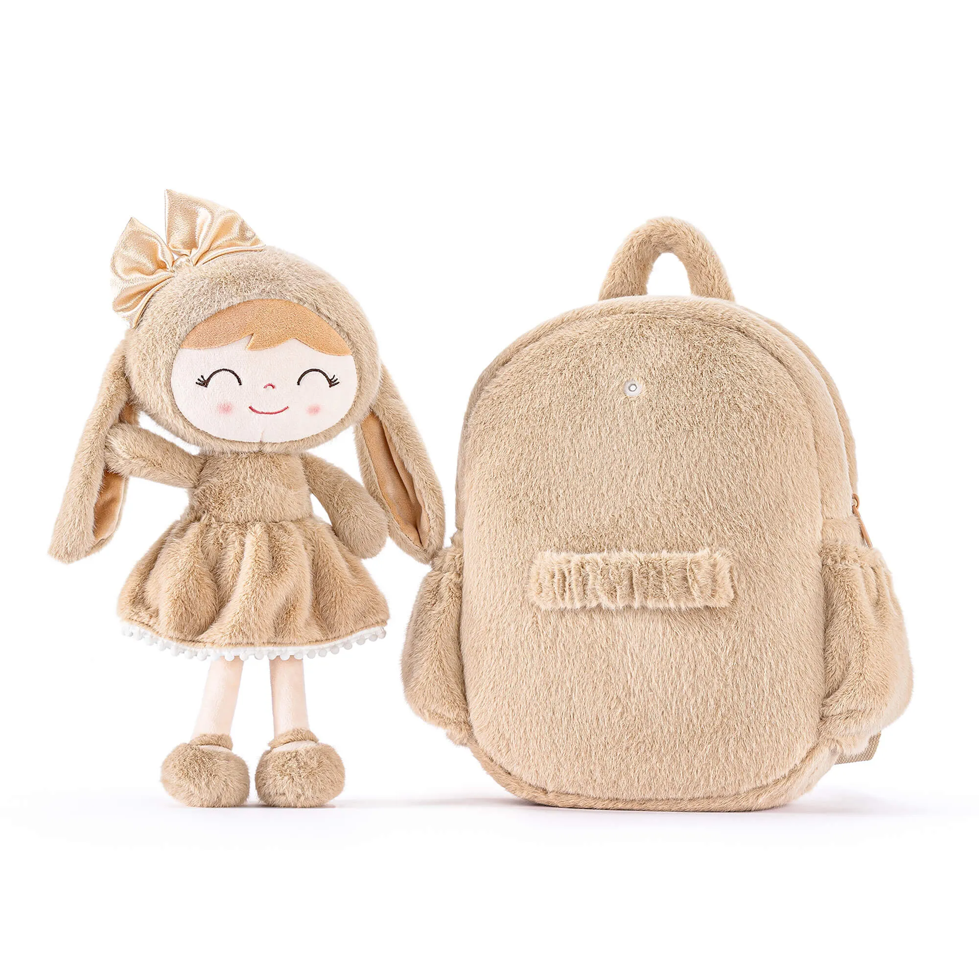 Gloveleya 11-inch Toddler Girl Backpack Snow Ferret Kindergarten Backpacks with 12-inch Brown Bunny Doll