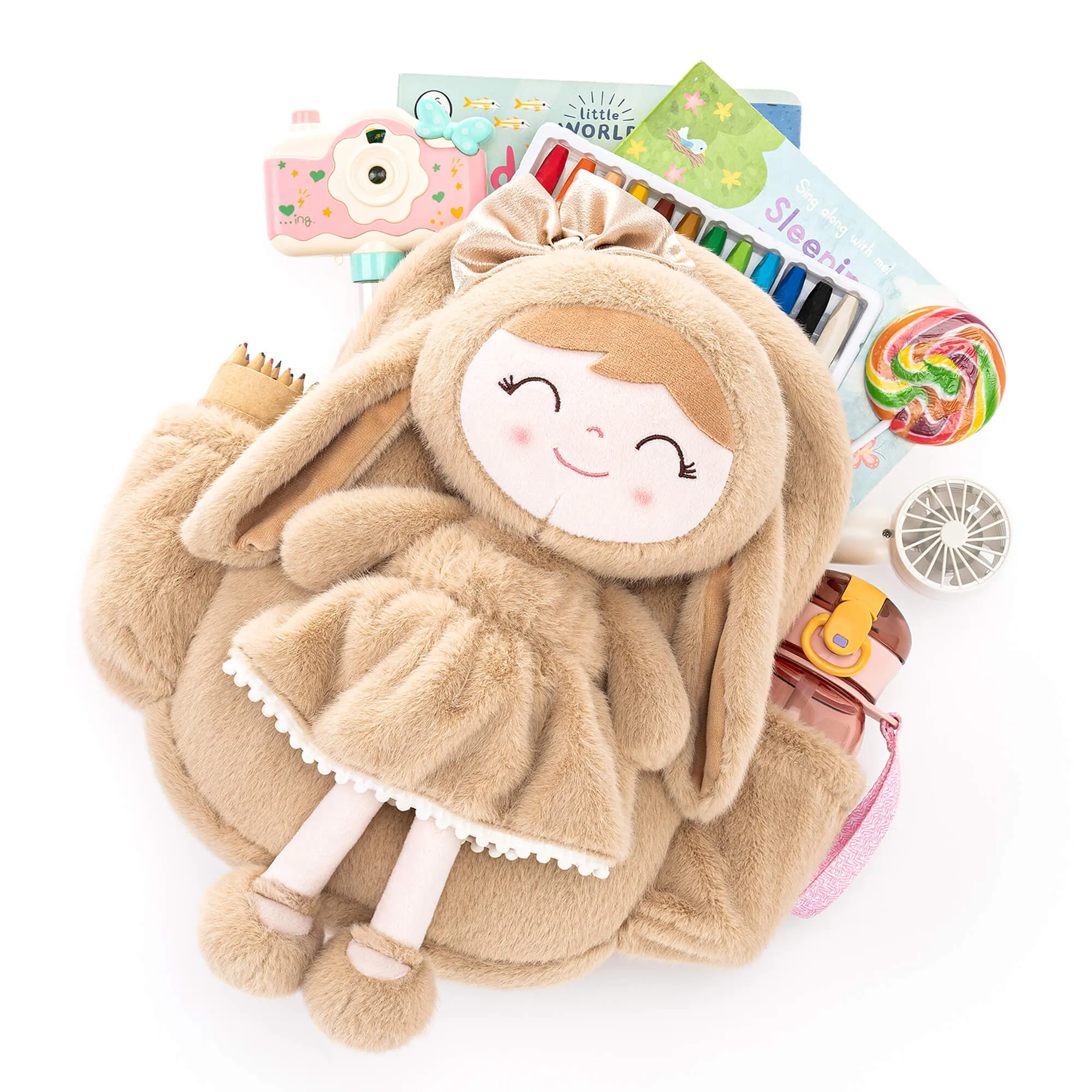 Gloveleya 11-inch Toddler Girl Backpack Snow Ferret Kindergarten Backpacks with 12-inch Brown Bunny Doll