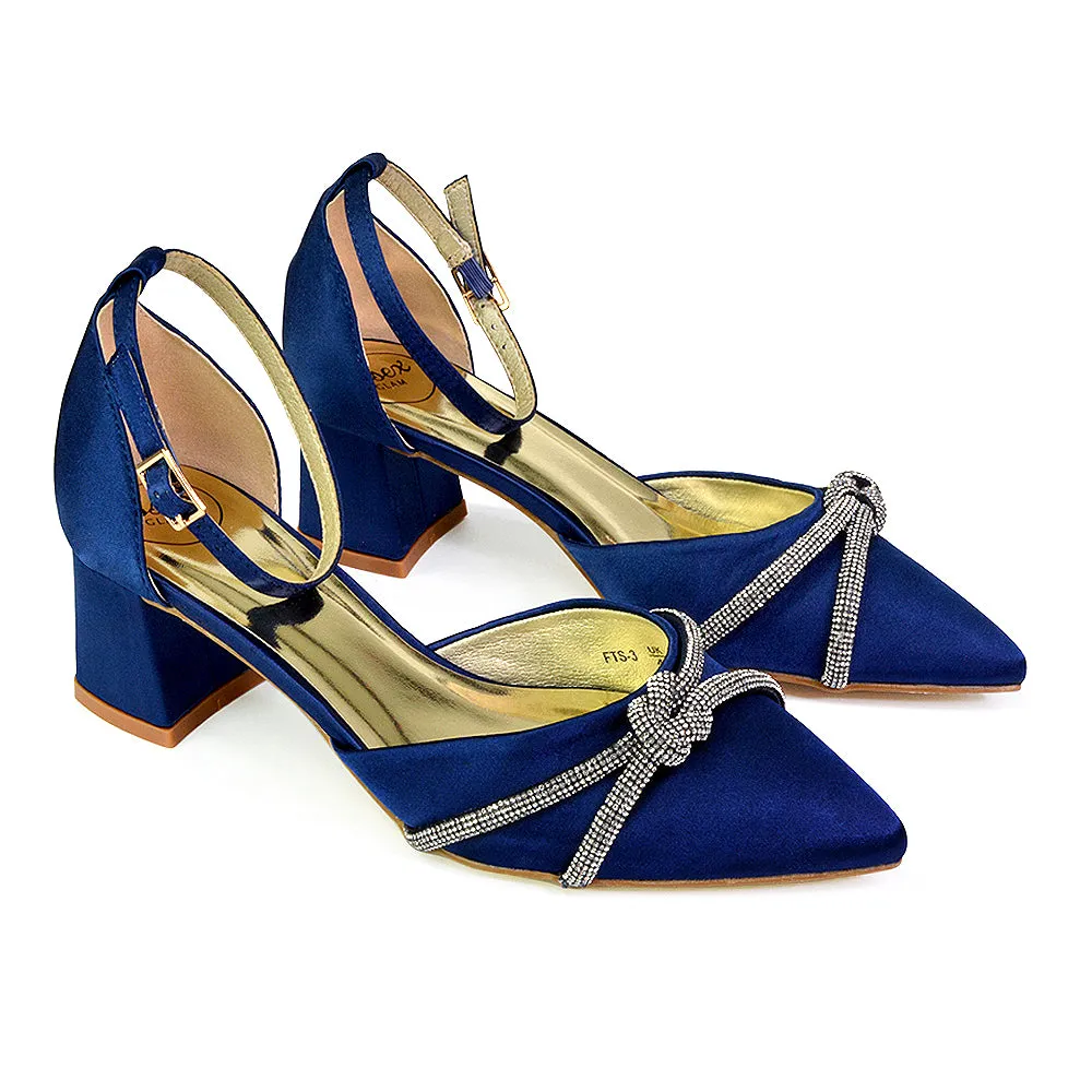 Gracie Diamante Strappy Mid Block Heel Sandals With a Pointed Toe in Gold