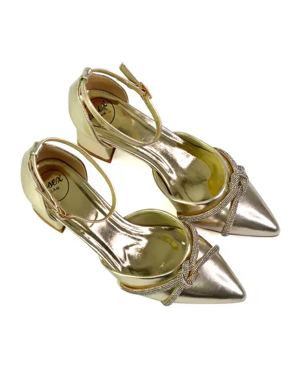 Gracie Diamante Strappy Mid Block Heel Sandals With a Pointed Toe in Gold