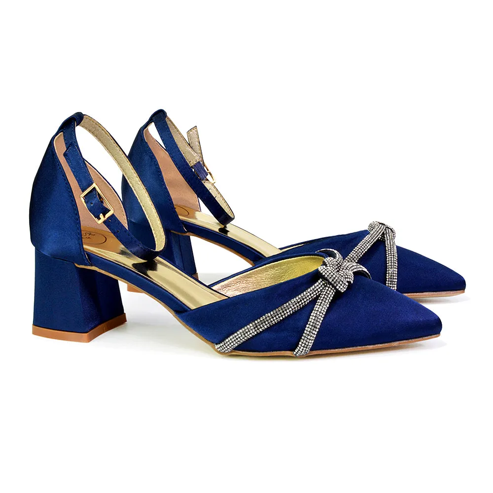 Gracie Diamante Strappy Mid Block Heel Sandals With a Pointed Toe in Gold