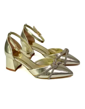 Gracie Diamante Strappy Mid Block Heel Sandals With a Pointed Toe in Gold