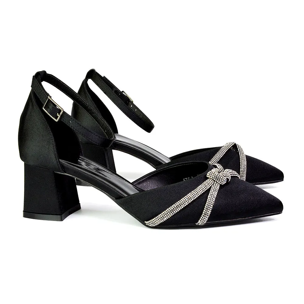 Gracie Diamante Strappy Mid Block Heel Sandals With a Pointed Toe in Gold