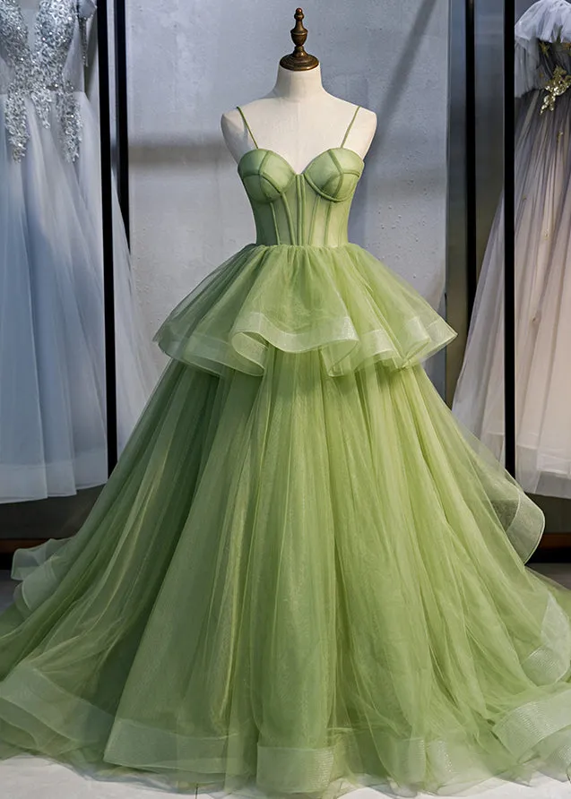 Green Spaghetti Straps New Arrival Prom Gown with Ruffles, Formal Dress Long UQP0078