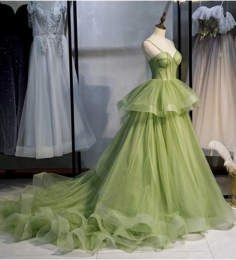 Green Spaghetti Straps New Arrival Prom Gown with Ruffles, Formal Dress Long UQP0078