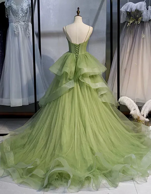 Green Spaghetti Straps New Arrival Prom Gown with Ruffles, Formal Dress Long UQP0078