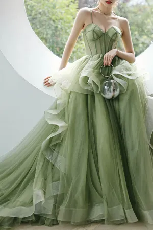 Green Spaghetti Straps New Arrival Prom Gown with Ruffles, Formal Dress Long UQP0078