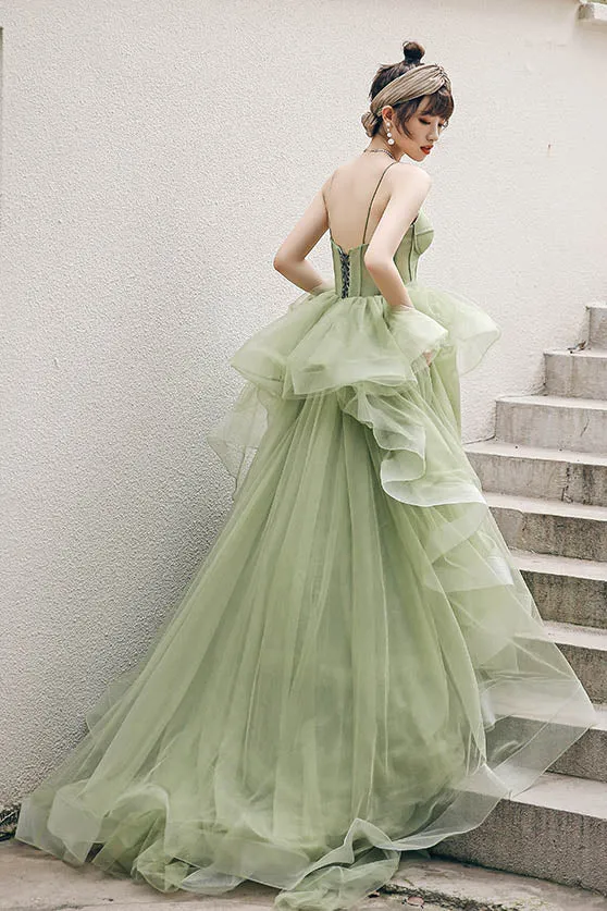 Green Spaghetti Straps New Arrival Prom Gown with Ruffles, Formal Dress Long UQP0078