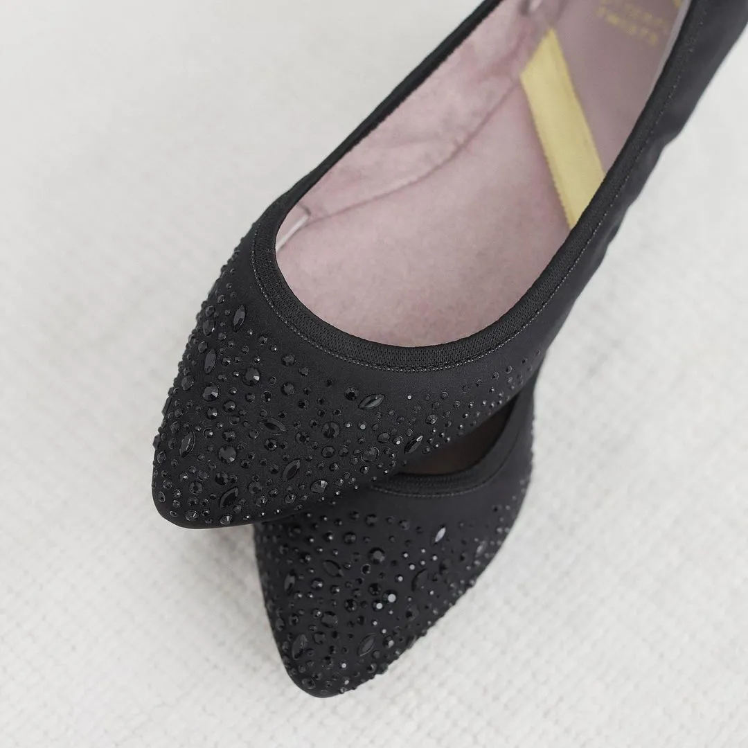 JANEY Ballet Flat Shoes - Black Crystals