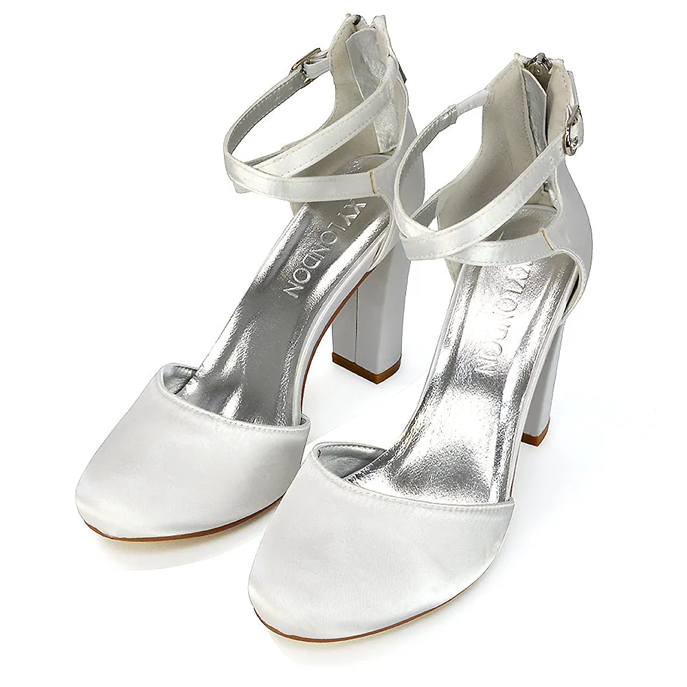 JENNA COURT SHOE ZIP UP BUCKLE DETAIL STRAPPY BLOCK HEELS IN IVORY SATIN