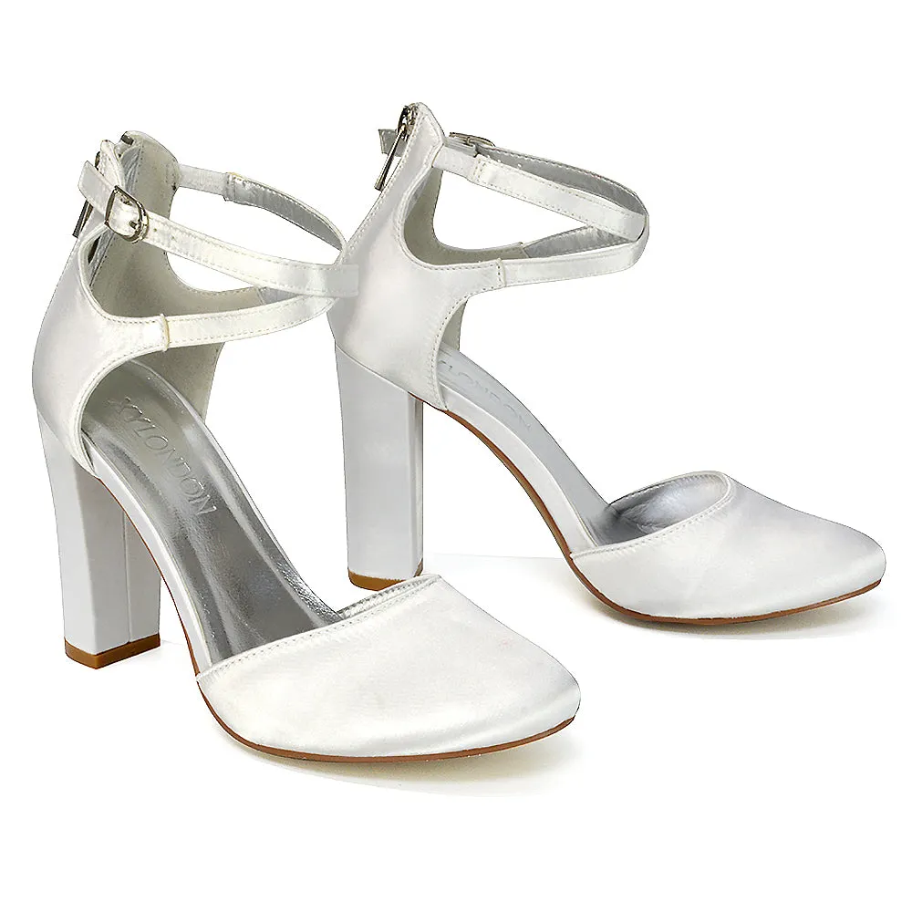 JENNA COURT SHOE ZIP UP BUCKLE DETAIL STRAPPY BLOCK HEELS IN IVORY SATIN